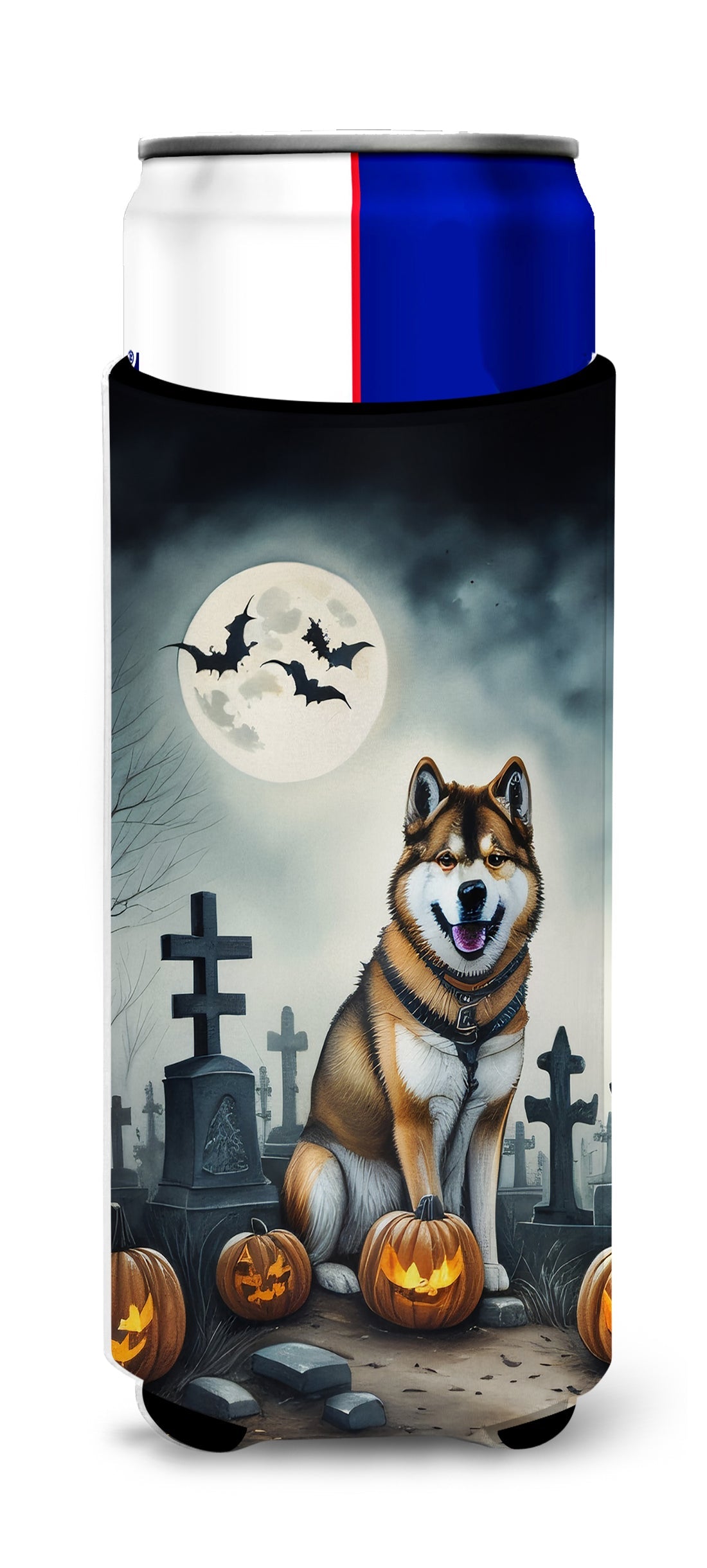 Akita Spooky Halloween Slim Can Hugger , Insulated Foam Hugger for 12 oz Slim Cans, Beer Bottles & Water Bottles, Printed in USA