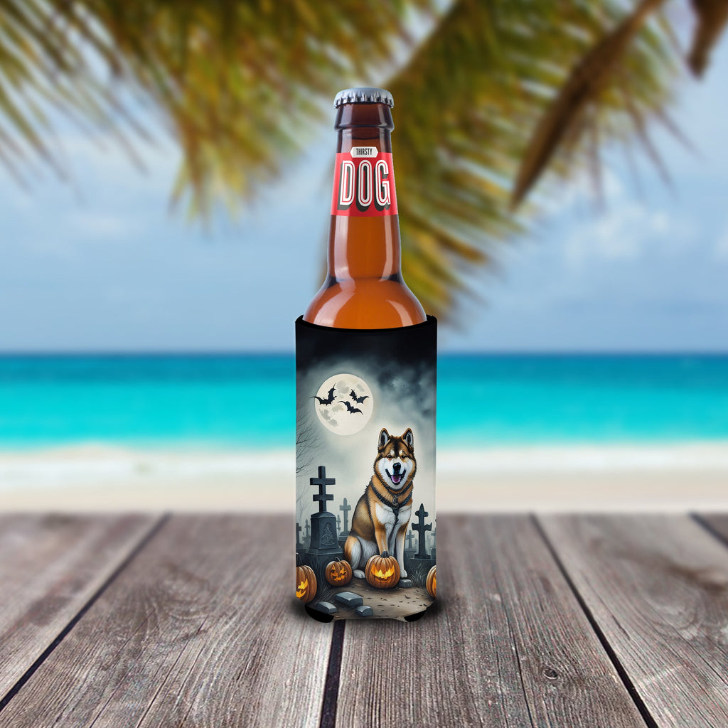 Akita Spooky Halloween Slim Can Hugger , Insulated Foam Hugger for 12 oz Slim Cans, Beer Bottles & Water Bottles, Printed in USA