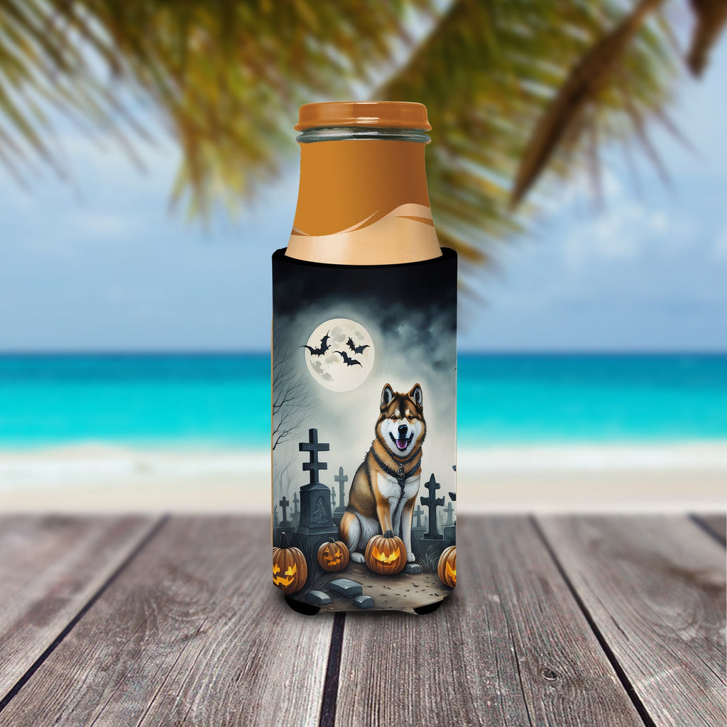 Akita Spooky Halloween Slim Can Hugger , Insulated Foam Hugger for 12 oz Slim Cans, Beer Bottles & Water Bottles, Printed in USA