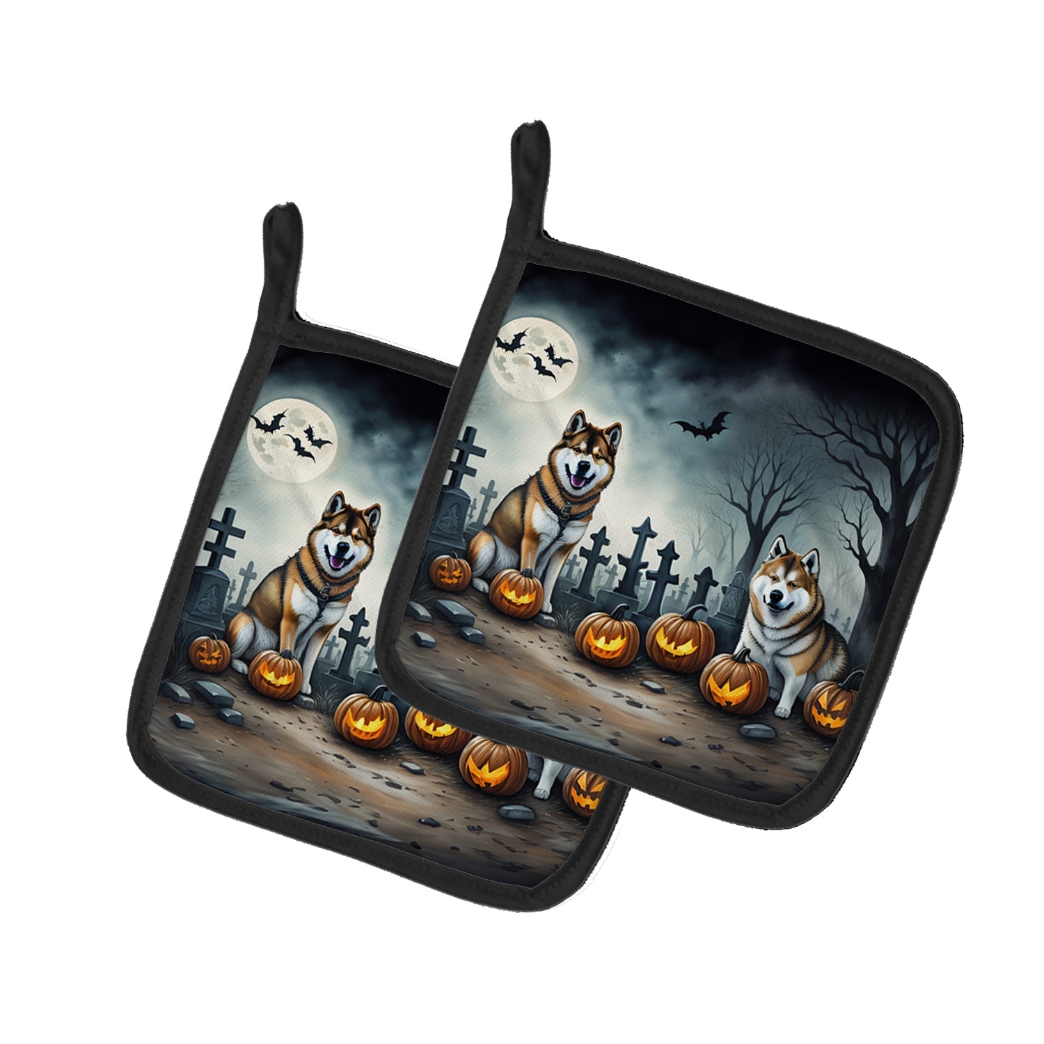 Akita Spooky Halloween Pot Holder Set of 2 Heat Resistant Quilted Hot Pads 7.5 x 7.5 Inch, Insulated Kitchen Trivets for Cooking & Baking