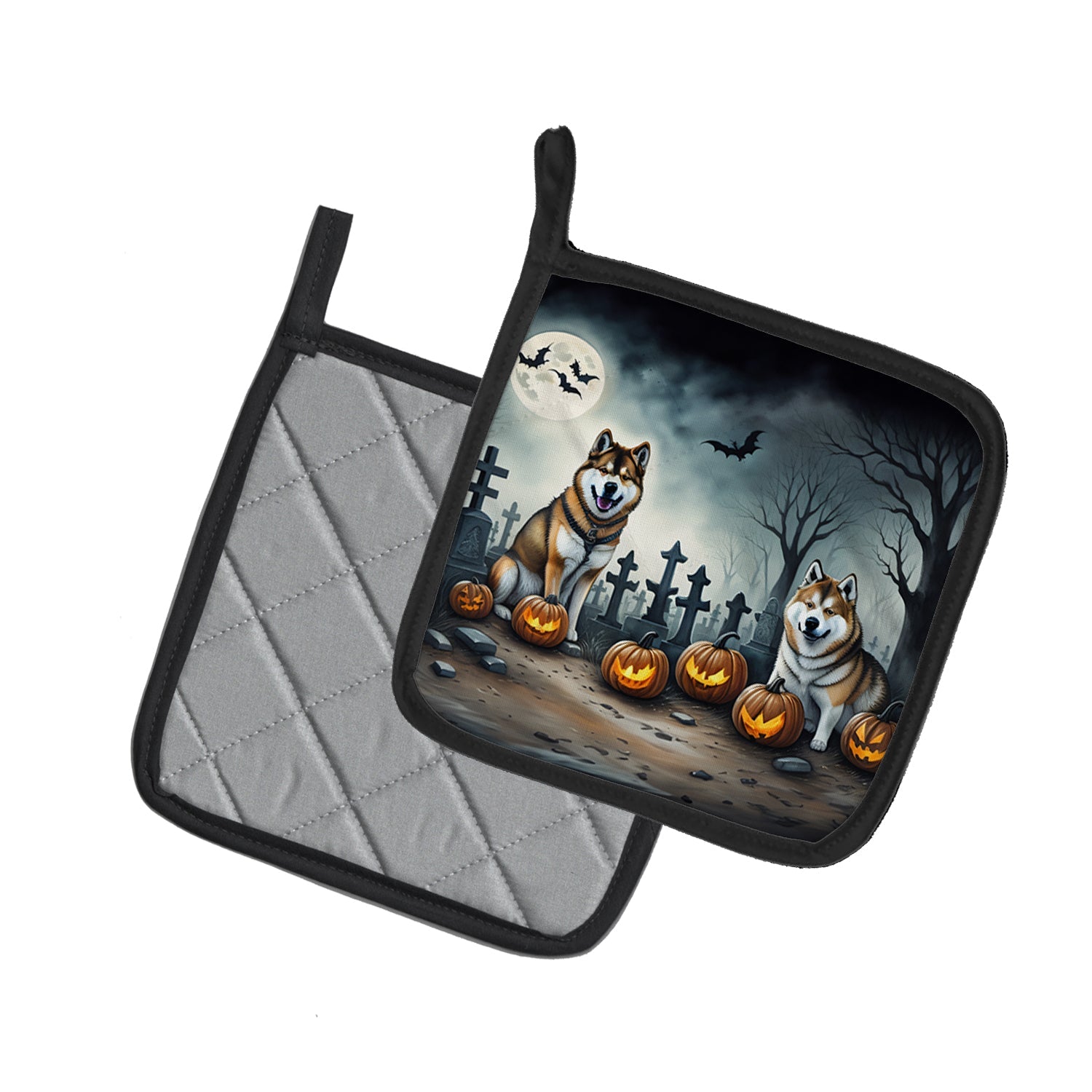 Akita Spooky Halloween Pot Holder Set of 2 Heat Resistant Quilted Hot Pads 7.5 x 7.5 Inch, Insulated Kitchen Trivets for Cooking & Baking