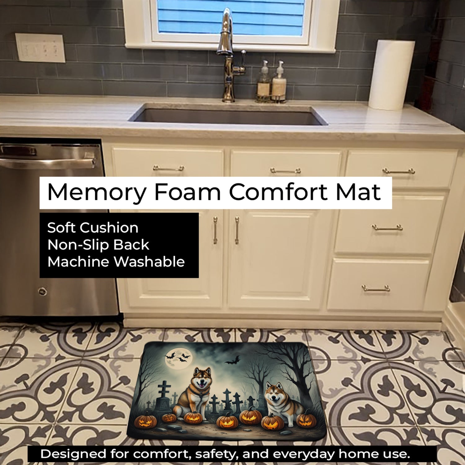 Akita Spooky Halloween Memory Foam Kitchen Mat Machine Washable Anti-Fatigue Cushion Comfort Bath or Kitchen Rug