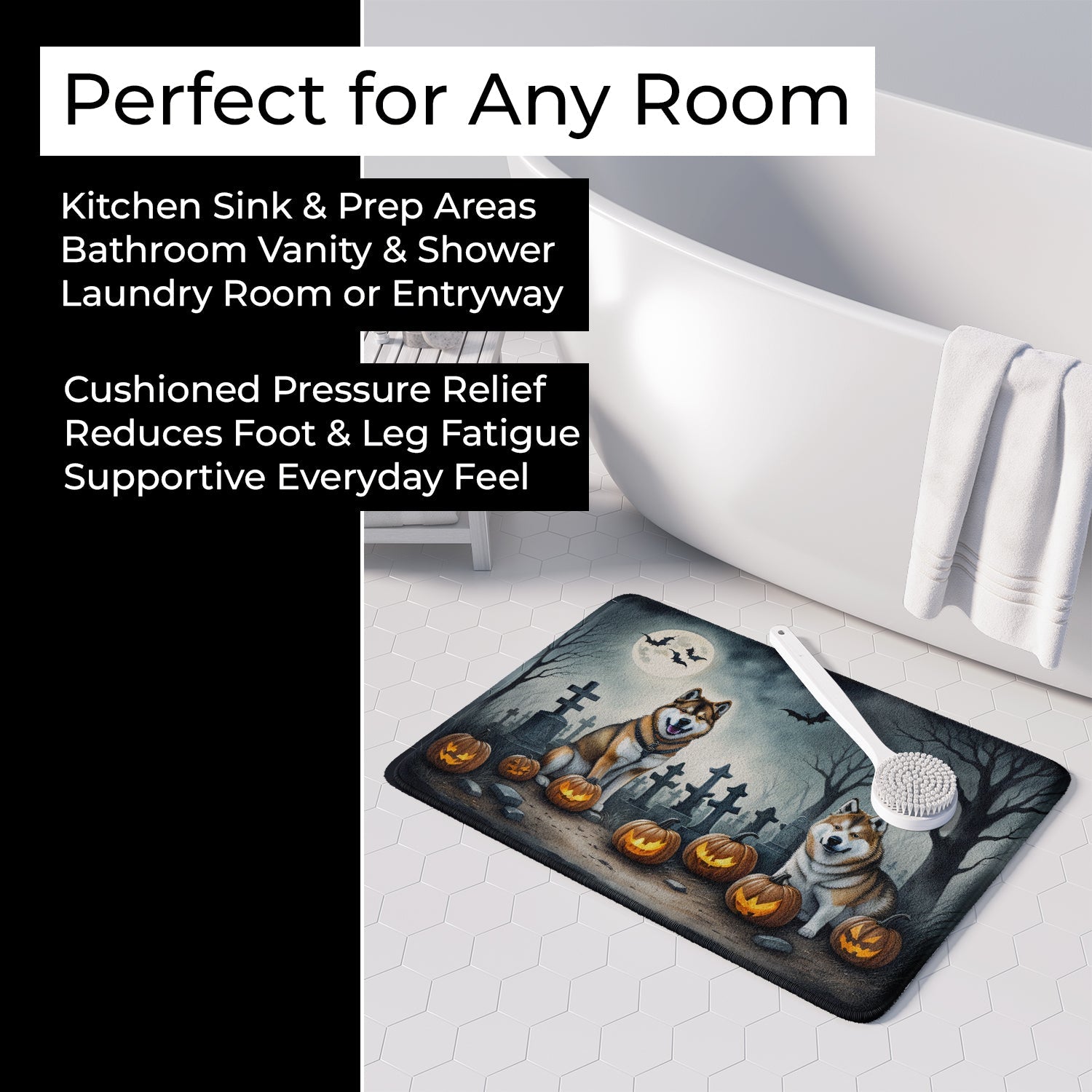 Akita Spooky Halloween Memory Foam Kitchen Mat Machine Washable Anti-Fatigue Cushion Comfort Bath or Kitchen Rug