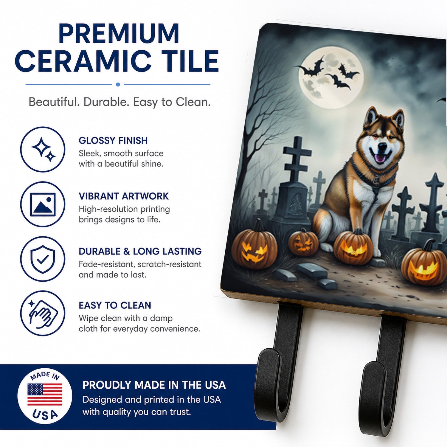 Akita Spooky Halloween Leash or Key Holder Wall Hooks, Coat Rack Wall Mount, for Hanging Keys, Towels, Aprons, Leashes