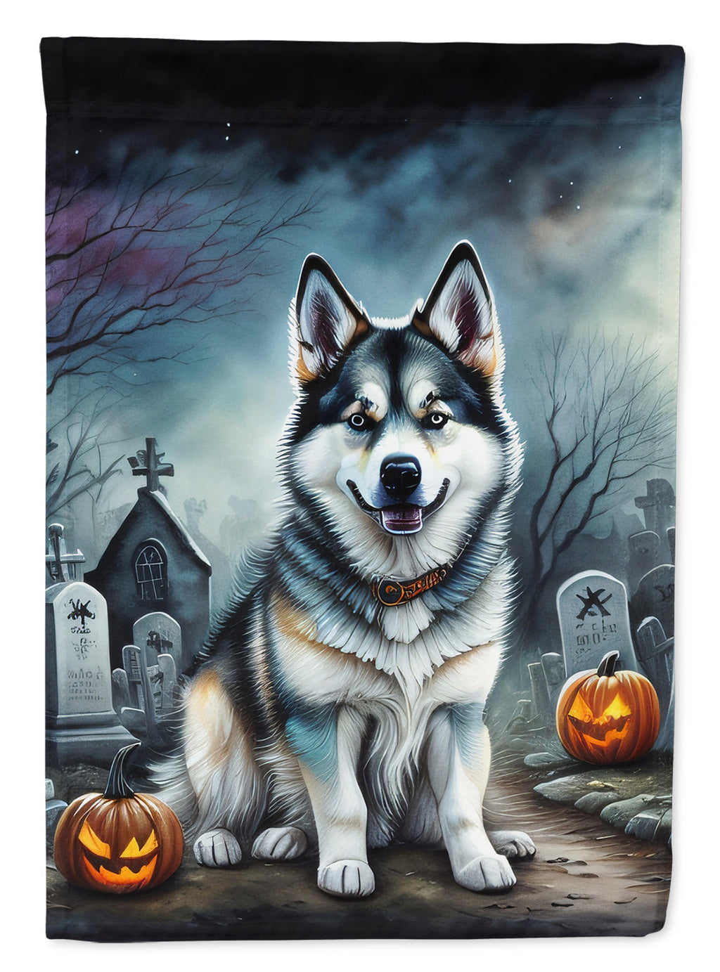 Alaskan Malamute Spooky Halloween House Flag 28x40 Porch Sleeve Pole Decorative Outside Yard Banner Artwork Wall Hanging, Polyester