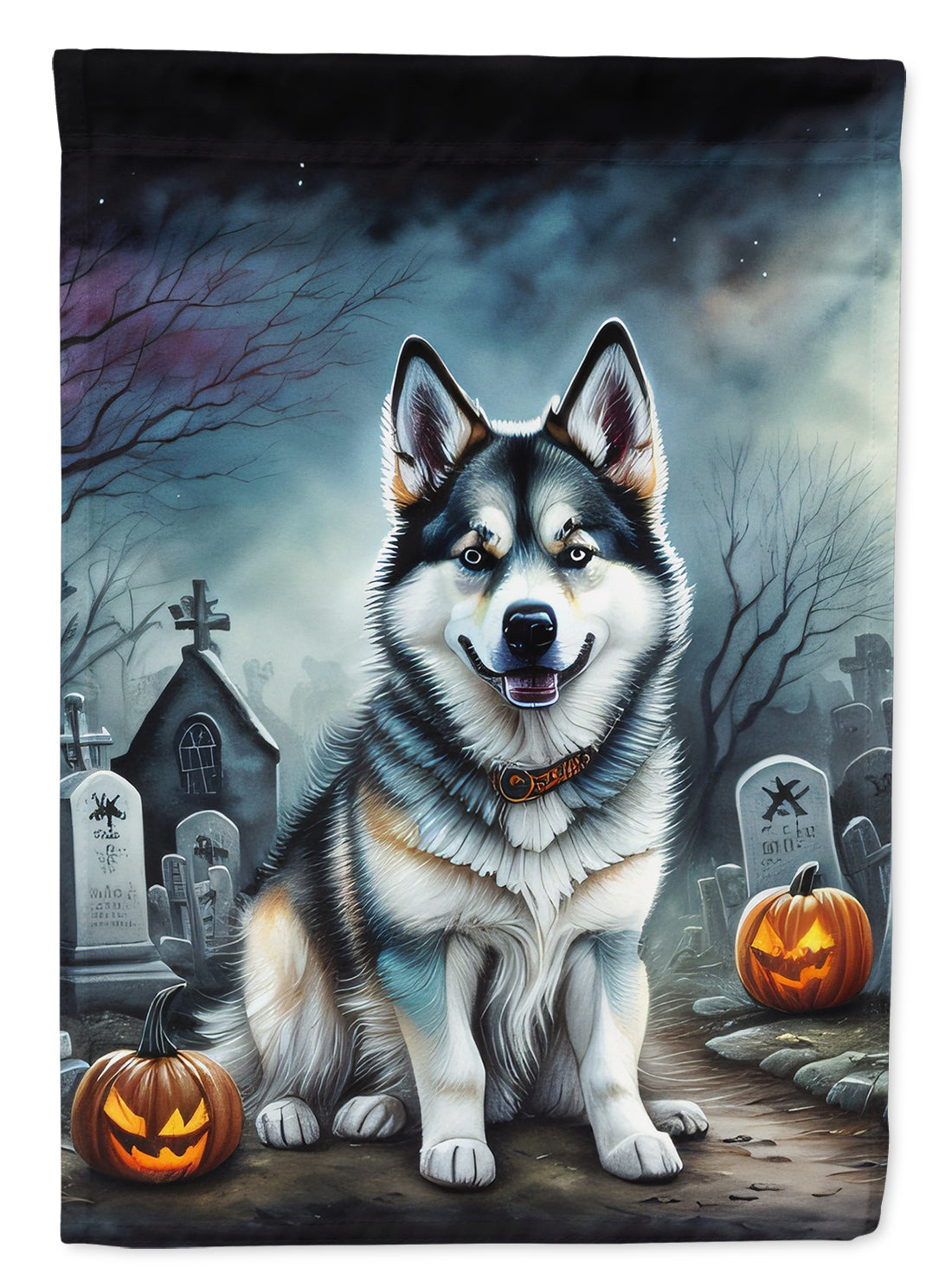 Alaskan Malamute Spooky Halloween House Flag 28x40 Porch Sleeve Pole Decorative Outside Yard Banner Artwork Wall Hanging, Polyester