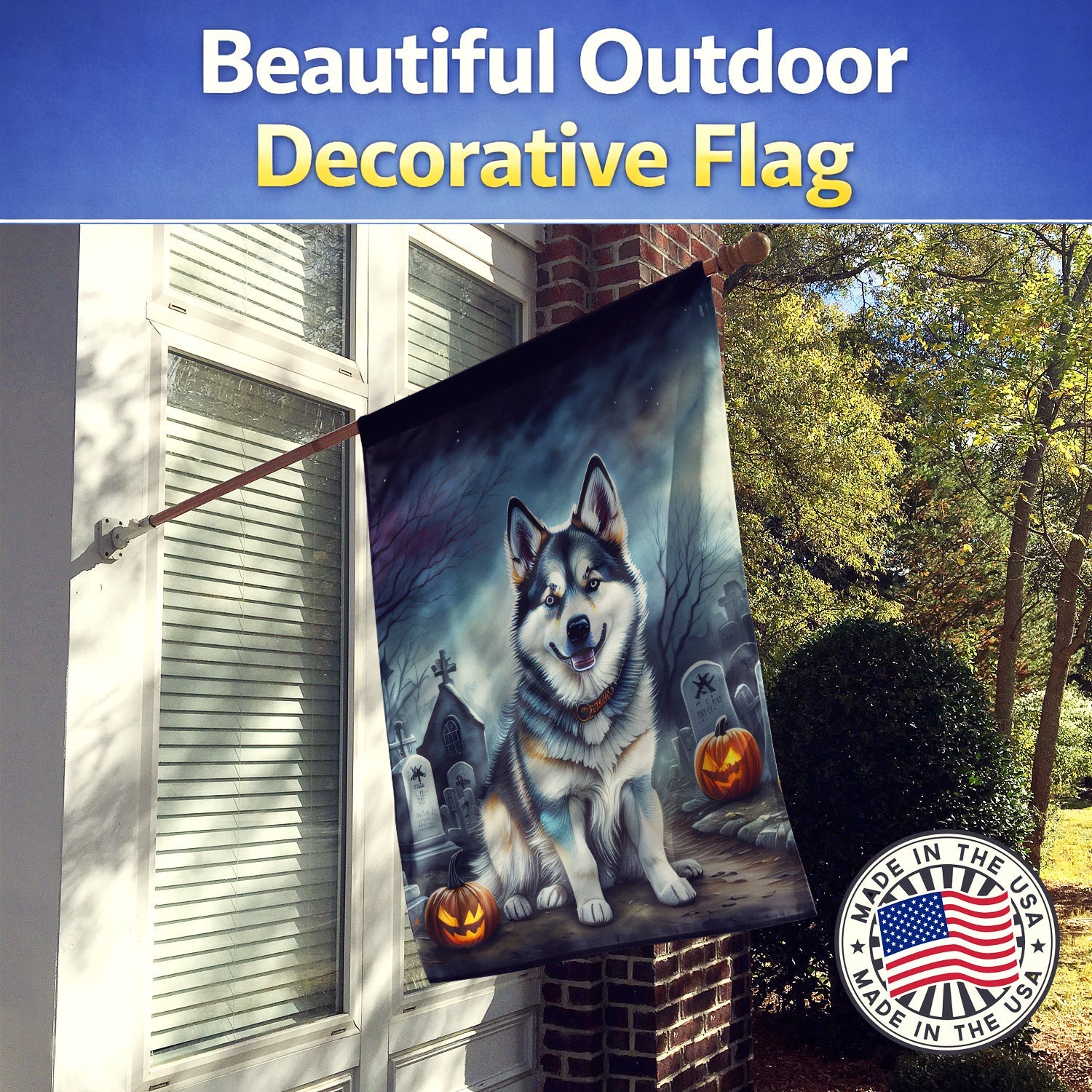 Alaskan Malamute Spooky Halloween House Flag 28x40 Porch Sleeve Pole Decorative Outside Yard Banner Artwork Wall Hanging, Polyester