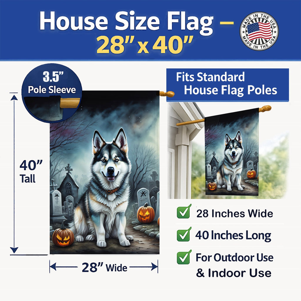 Alaskan Malamute Spooky Halloween House Flag 28x40 Porch Sleeve Pole Decorative Outside Yard Banner Artwork Wall Hanging, Polyester