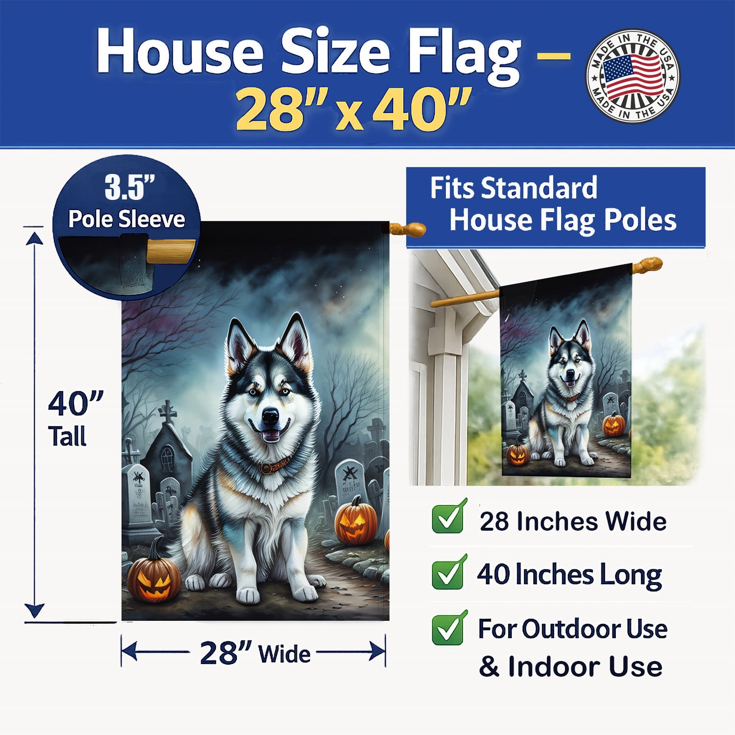 Alaskan Malamute Spooky Halloween House Flag 28x40 Porch Sleeve Pole Decorative Outside Yard Banner Artwork Wall Hanging, Polyester