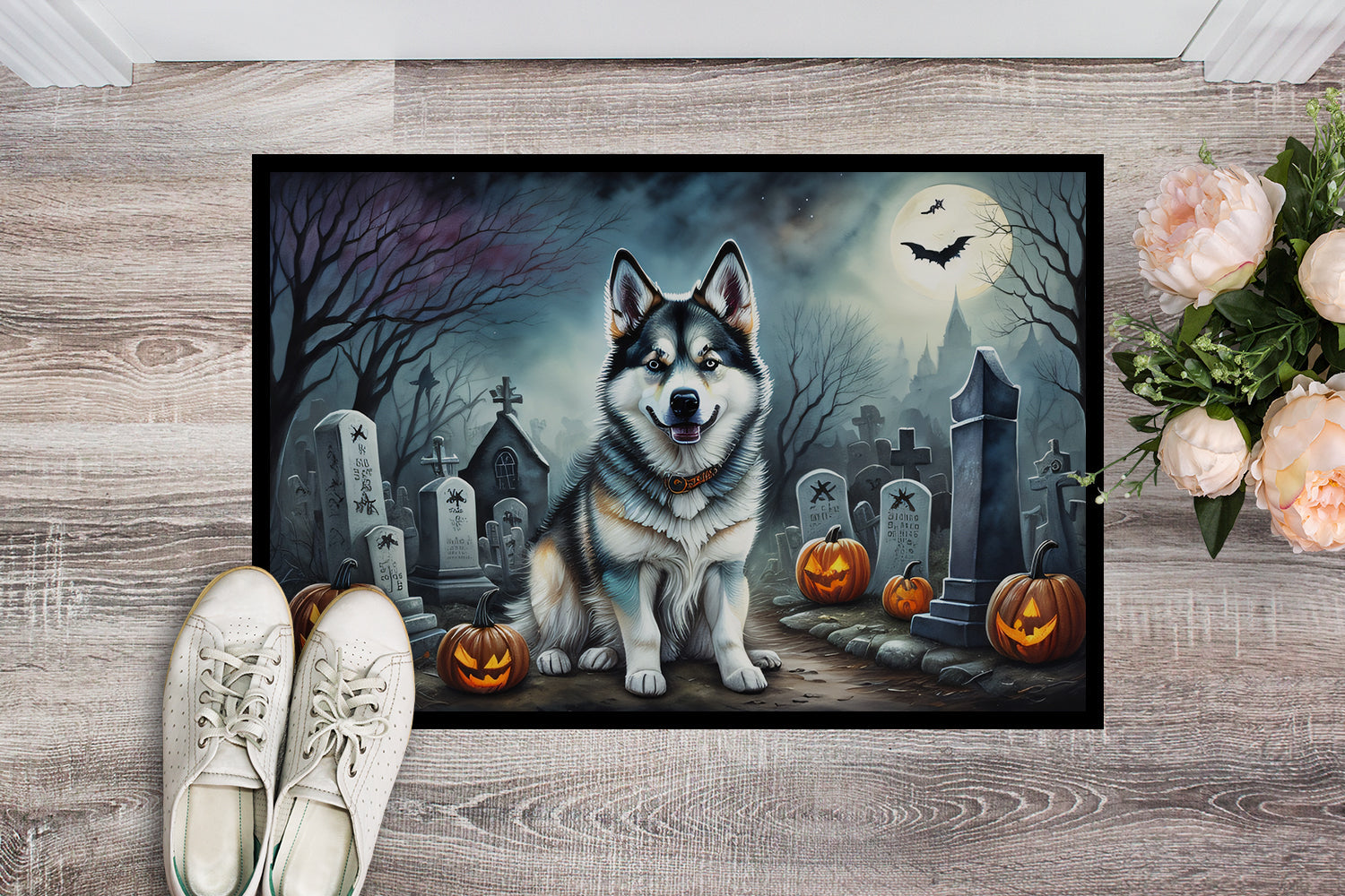 Alaskan Malamute Spooky Halloween Doormat Indoor Outdoor 24H X 36W Front Door Mat Rugs for Entryway, Non Slip Washable Low Pile,