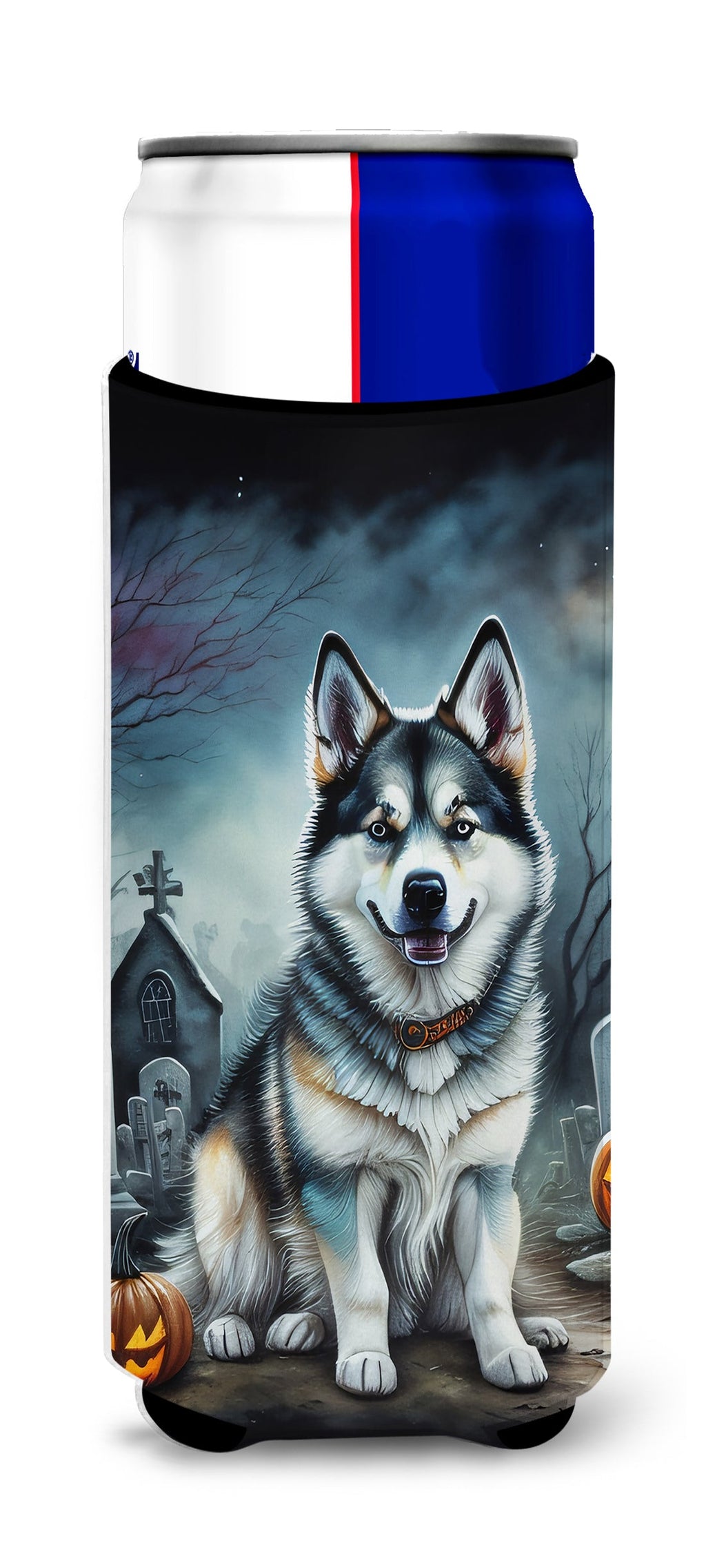 Alaskan Malamute Spooky Halloween Slim Can Hugger , Insulated Foam Hugger for 12 oz Slim Cans, Beer Bottles & Water Bottles, Printed in USA