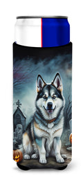 Alaskan Malamute Spooky Halloween Slim Can Hugger , Insulated Foam Hugger for 12 oz Slim Cans, Beer Bottles & Water Bottles, Printed in USA