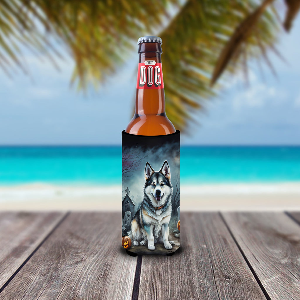 Alaskan Malamute Spooky Halloween Slim Can Hugger , Insulated Foam Hugger for 12 oz Slim Cans, Beer Bottles & Water Bottles, Printed in USA