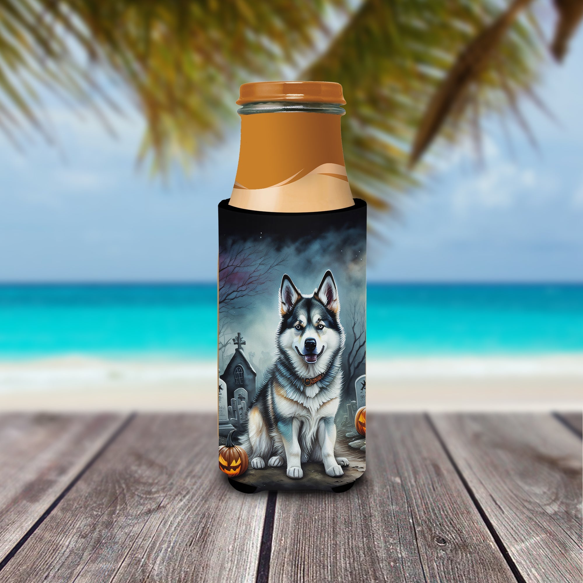Alaskan Malamute Spooky Halloween Slim Can Hugger , Insulated Foam Hugger for 12 oz Slim Cans, Beer Bottles & Water Bottles, Printed in USA