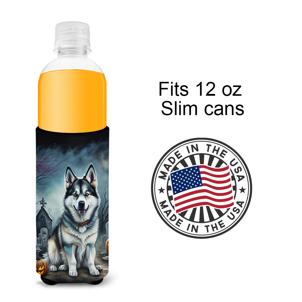 Alaskan Malamute Spooky Halloween Slim Can Hugger , Insulated Foam Hugger for 12 oz Slim Cans, Beer Bottles & Water Bottles, Printed in USA