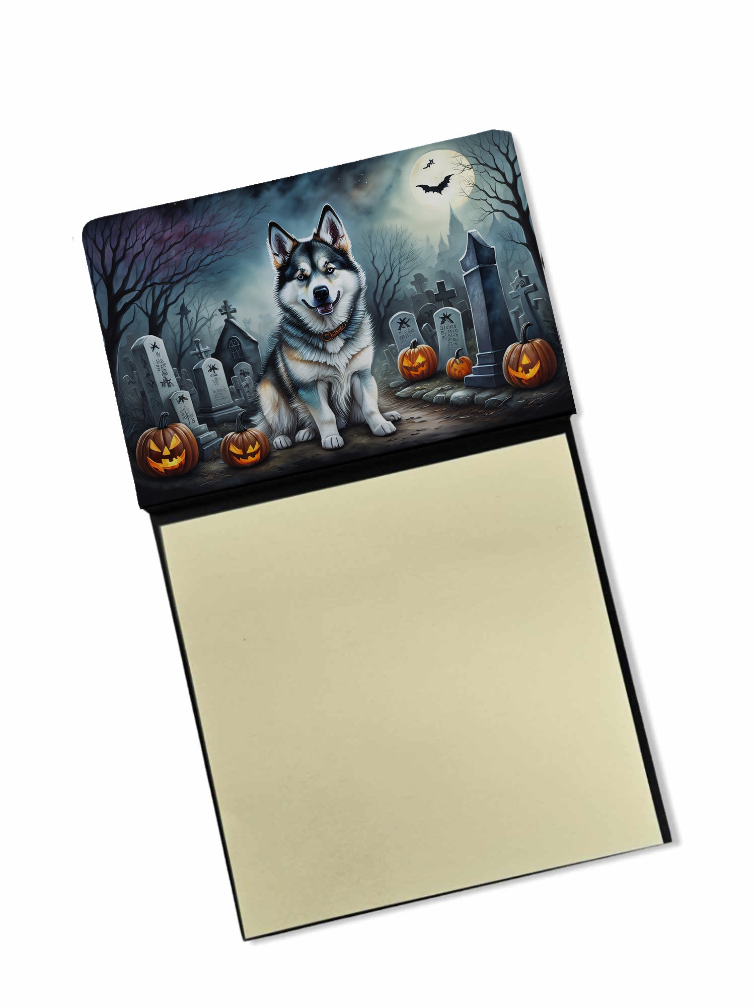Alaskan Malamute Spooky Halloween Watercolor Sticky Note Holder Refillable Dispenser Desk Accessory 3x3 Pad Gift