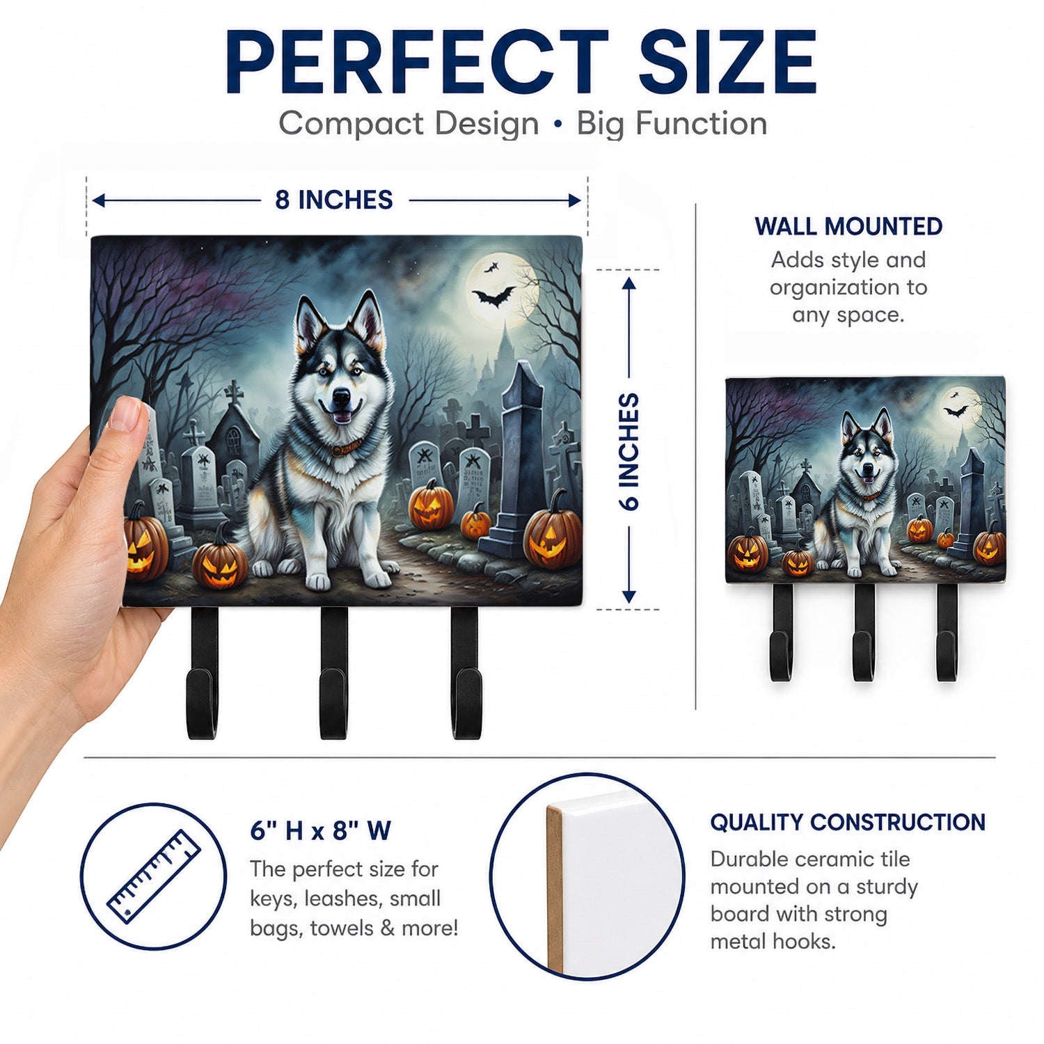 Alaskan Malamute Spooky Halloween Leash or Key Holder Wall Hooks, Coat Rack Wall Mount, for Hanging Keys, Towels, Aprons, Leashes