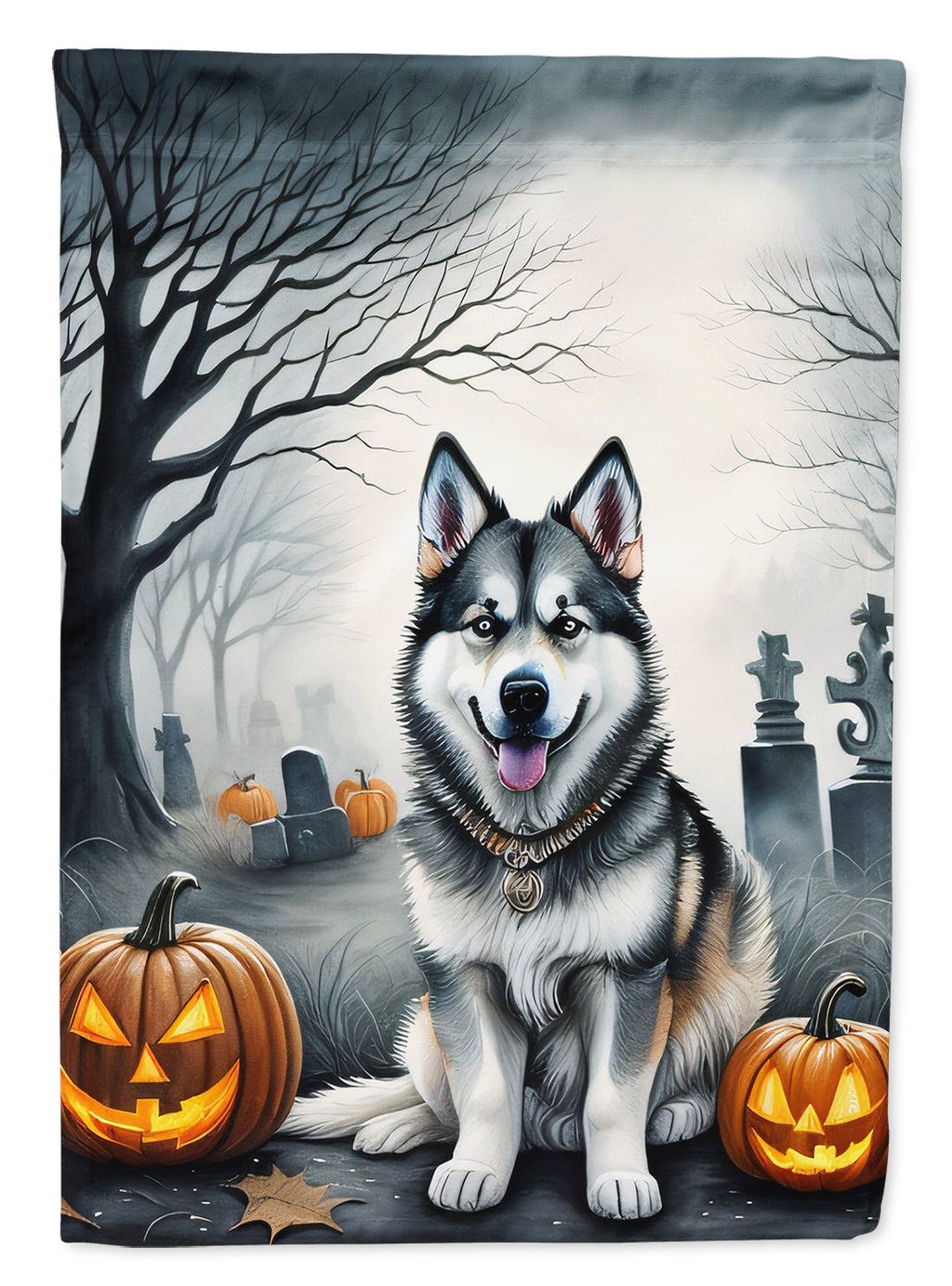Alaskan Malamute Spooky Halloween House Flag 28x40 Porch Sleeve Pole Decorative Outside Yard Banner Artwork Wall Hanging, Polyester
