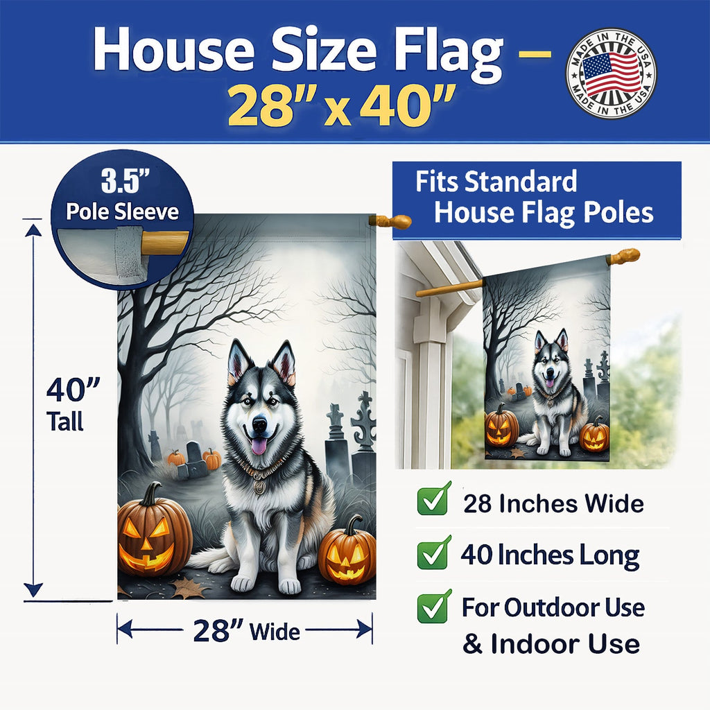 Alaskan Malamute Spooky Halloween House Flag 28x40 Porch Sleeve Pole Decorative Outside Yard Banner Artwork Wall Hanging, Polyester