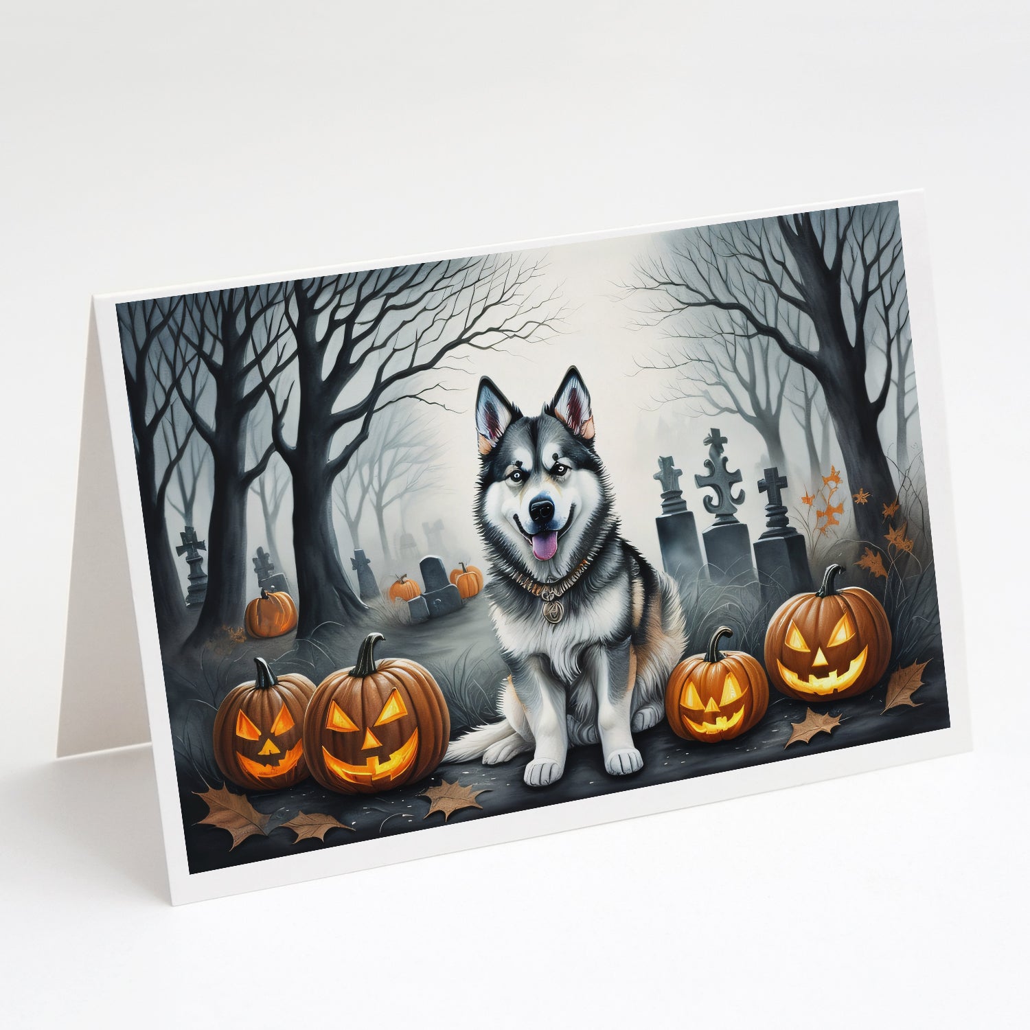 Alaskan Malamute Spooky Halloween Greeting Cards Pack of 8 Blank Cards with Envelopes Whimsical A7 Size 5x7