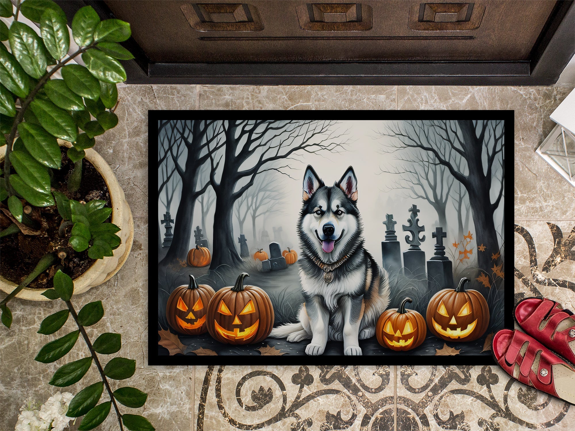 Alaskan Malamute Spooky Halloween Doormat Indoor Outdoor 24H X 36W Front Door Mat Rugs for Entryway, Non Slip Washable Low Pile,