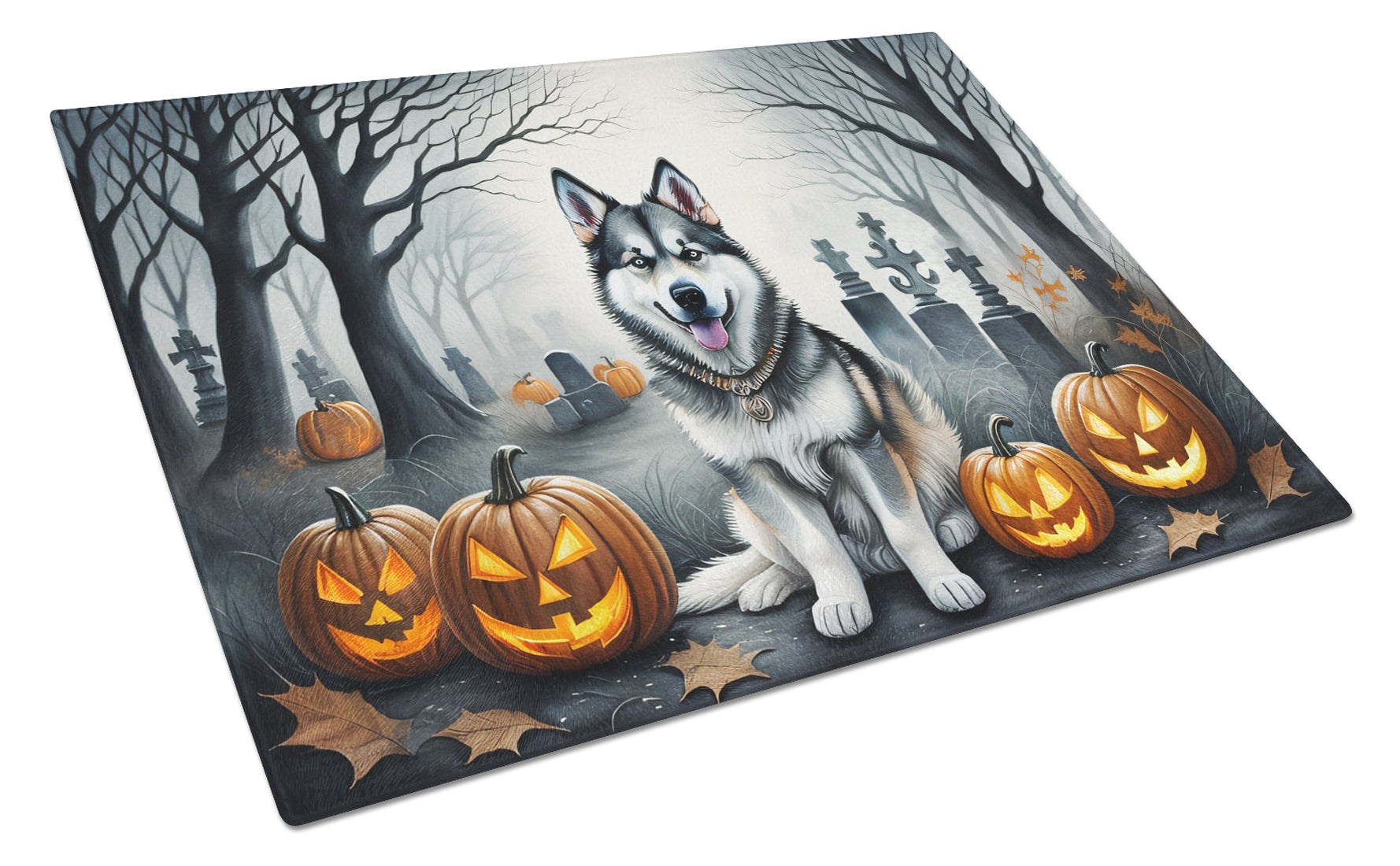 Alaskan Malamute Spooky Halloween Cutting Board Tempered Glass Kitchen Cutting Surface, Heat Resistant Chopping, Non-Slip Feet, Food Prep & Serving