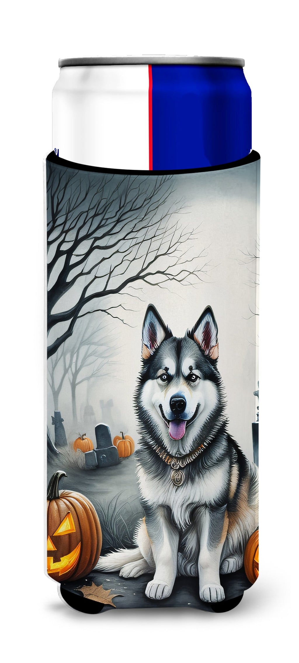 Alaskan Malamute Spooky Halloween Slim Can Hugger , Insulated Foam Hugger for 12 oz Slim Cans, Beer Bottles & Water Bottles, Printed in USA
