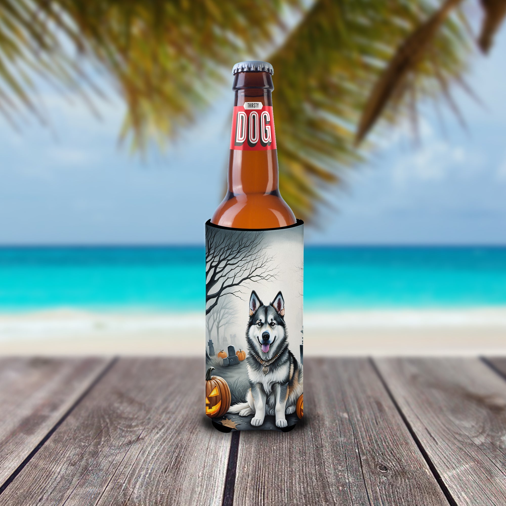 Alaskan Malamute Spooky Halloween Slim Can Hugger , Insulated Foam Hugger for 12 oz Slim Cans, Beer Bottles & Water Bottles, Printed in USA