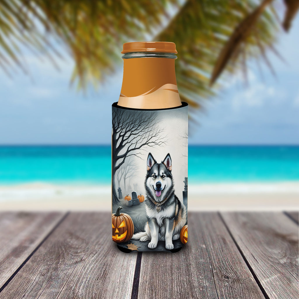 Alaskan Malamute Spooky Halloween Slim Can Hugger , Insulated Foam Hugger for 12 oz Slim Cans, Beer Bottles & Water Bottles, Printed in USA