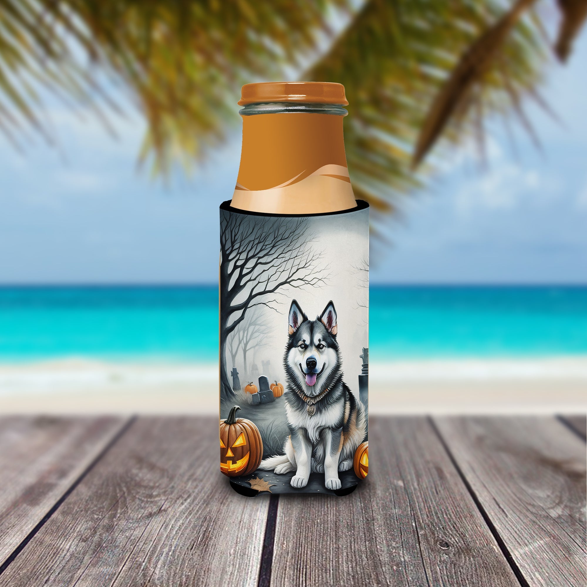 Alaskan Malamute Spooky Halloween Slim Can Hugger , Insulated Foam Hugger for 12 oz Slim Cans, Beer Bottles & Water Bottles, Printed in USA