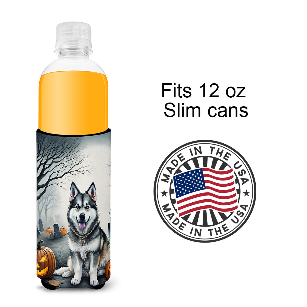 Alaskan Malamute Spooky Halloween Slim Can Hugger , Insulated Foam Hugger for 12 oz Slim Cans, Beer Bottles & Water Bottles, Printed in USA