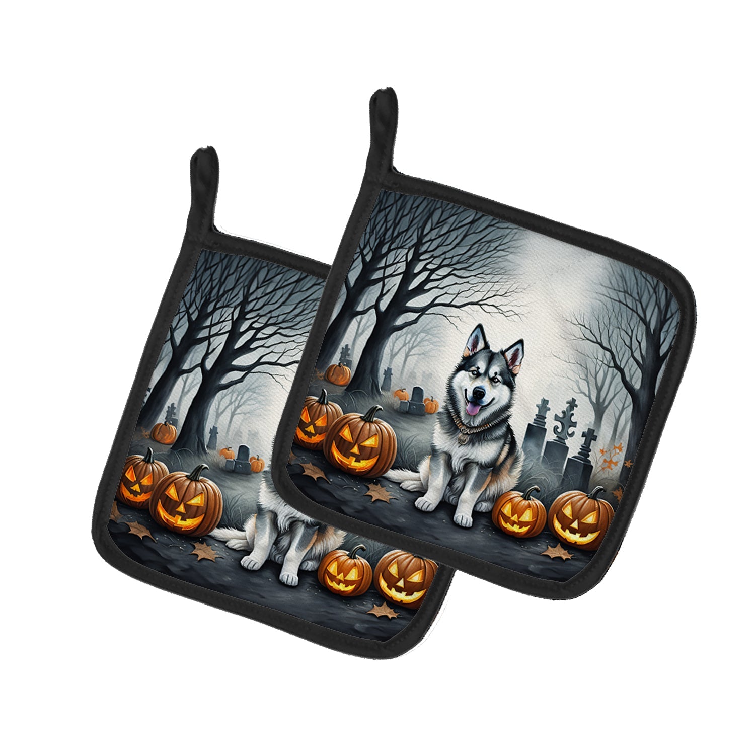 Alaskan Malamute Spooky Halloween Pot Holder Set of 2 Heat Resistant Quilted Hot Pads 7.5 x 7.5 Inch, Insulated Kitchen Trivets for Cooking & Baking