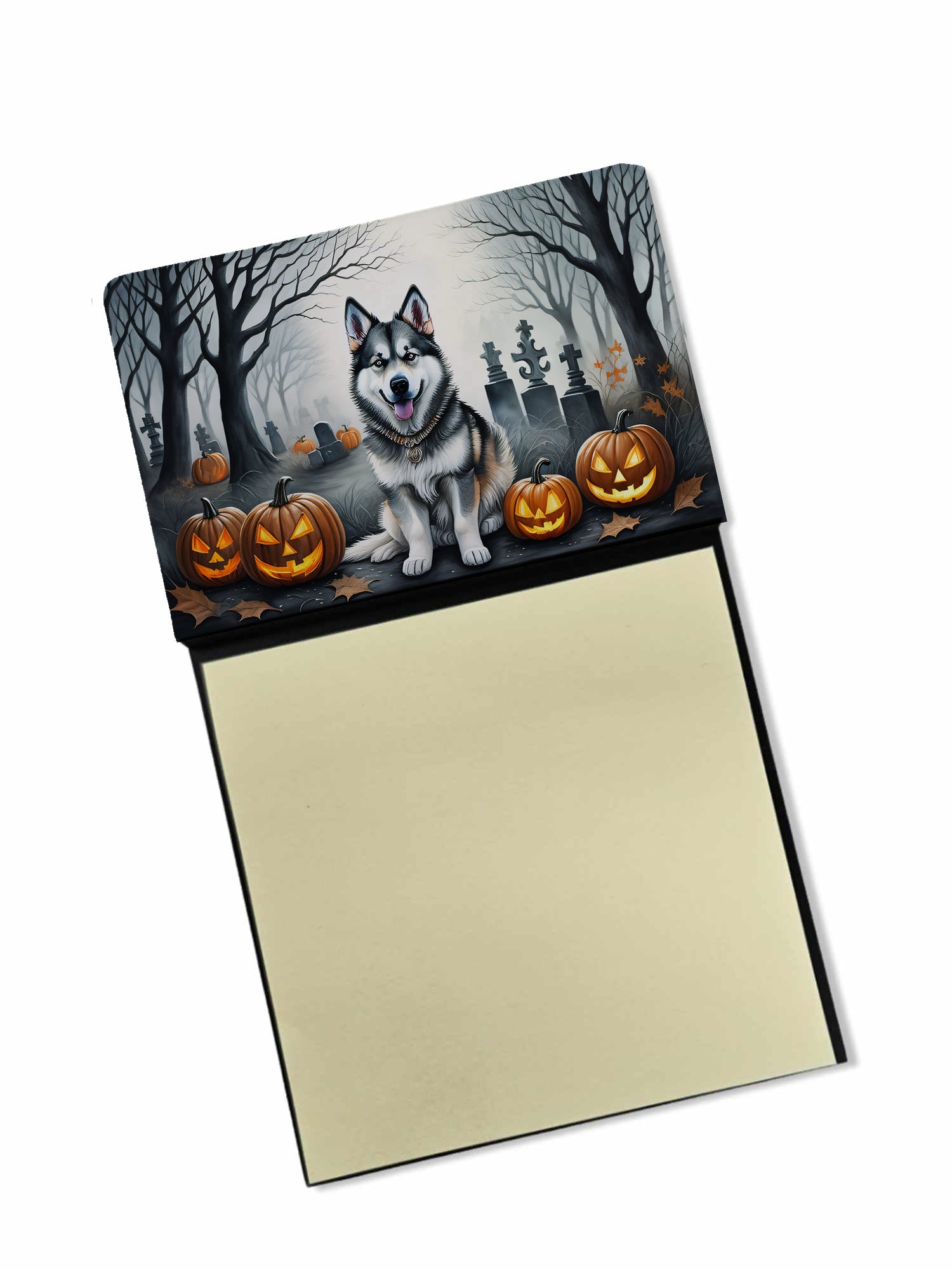 Alaskan Malamute Spooky Halloween Watercolor Sticky Note Holder Refillable Dispenser Desk Accessory 3x3 Pad Gift