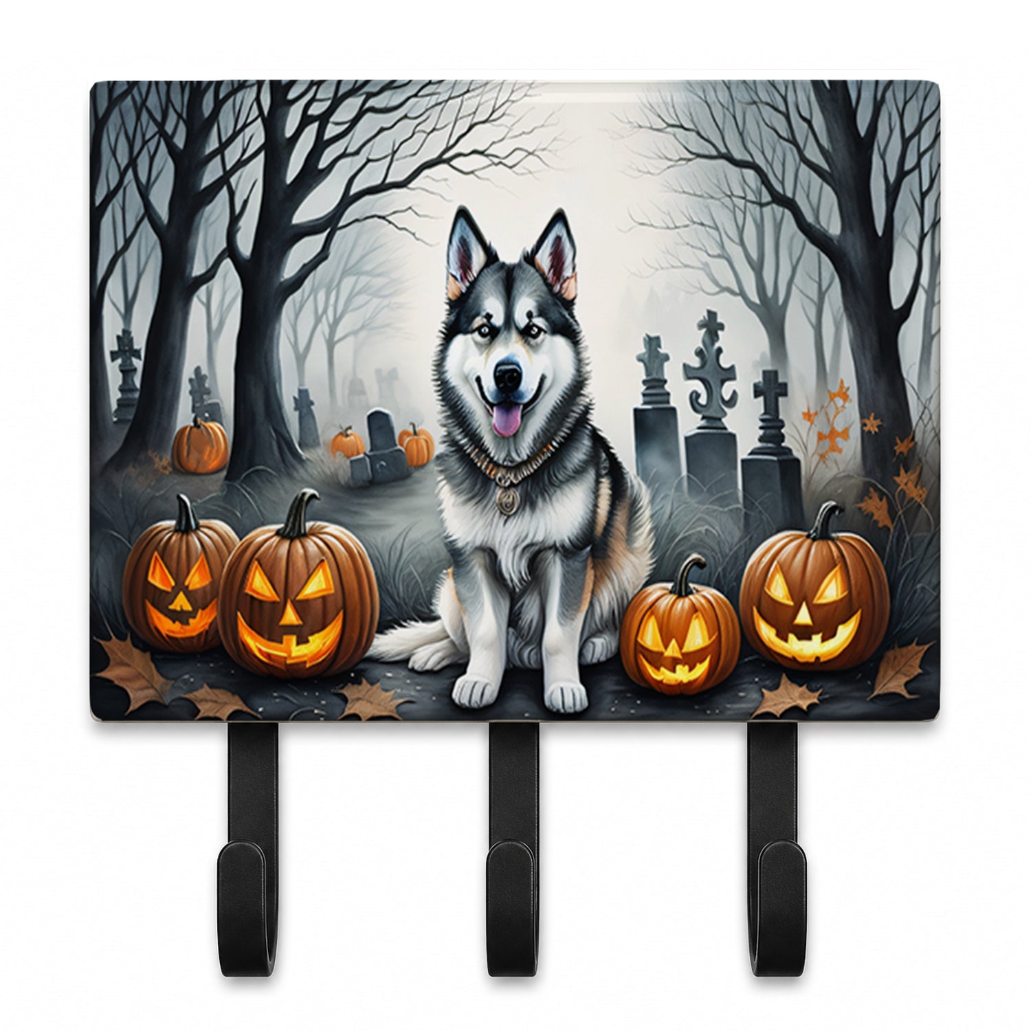 Alaskan Malamute Spooky Halloween Leash or Key Holder Wall Hooks, Coat Rack Wall Mount, for Hanging Keys, Towels, Aprons, Leashes