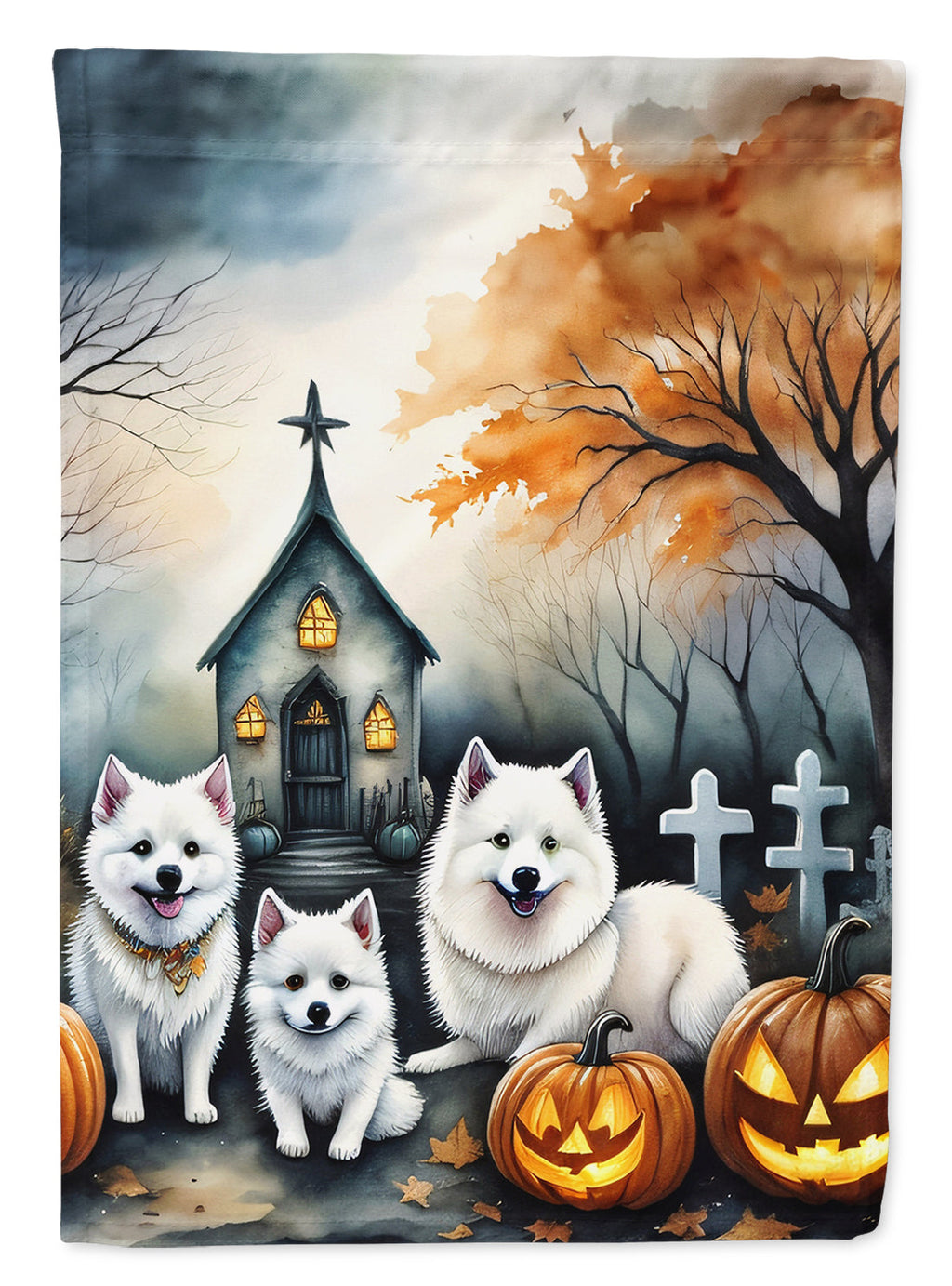 American Eskimo Spooky Halloween House Flag 28x40 Porch Sleeve Pole Decorative Outside Yard Banner Artwork Wall Hanging, Polyester