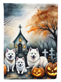 American Eskimo Spooky Halloween House Flag 28x40 Porch Sleeve Pole Decorative Outside Yard Banner Artwork Wall Hanging, Polyester