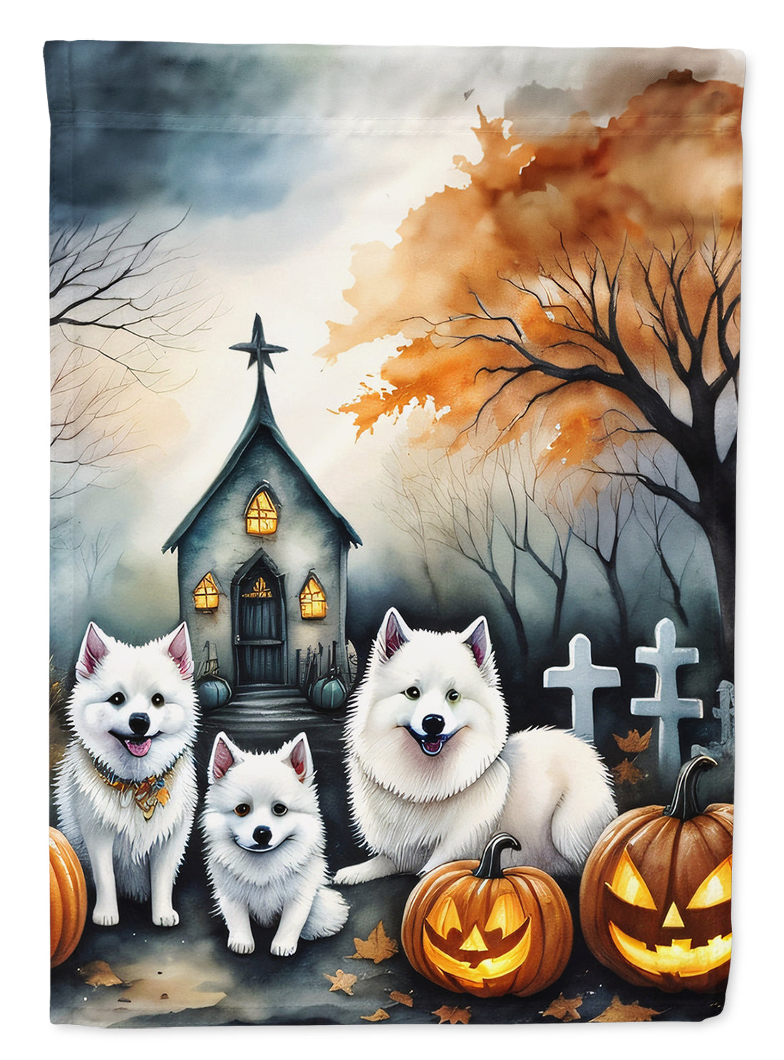 American Eskimo Spooky Halloween House Flag 28x40 Porch Sleeve Pole Decorative Outside Yard Banner Artwork Wall Hanging, Polyester