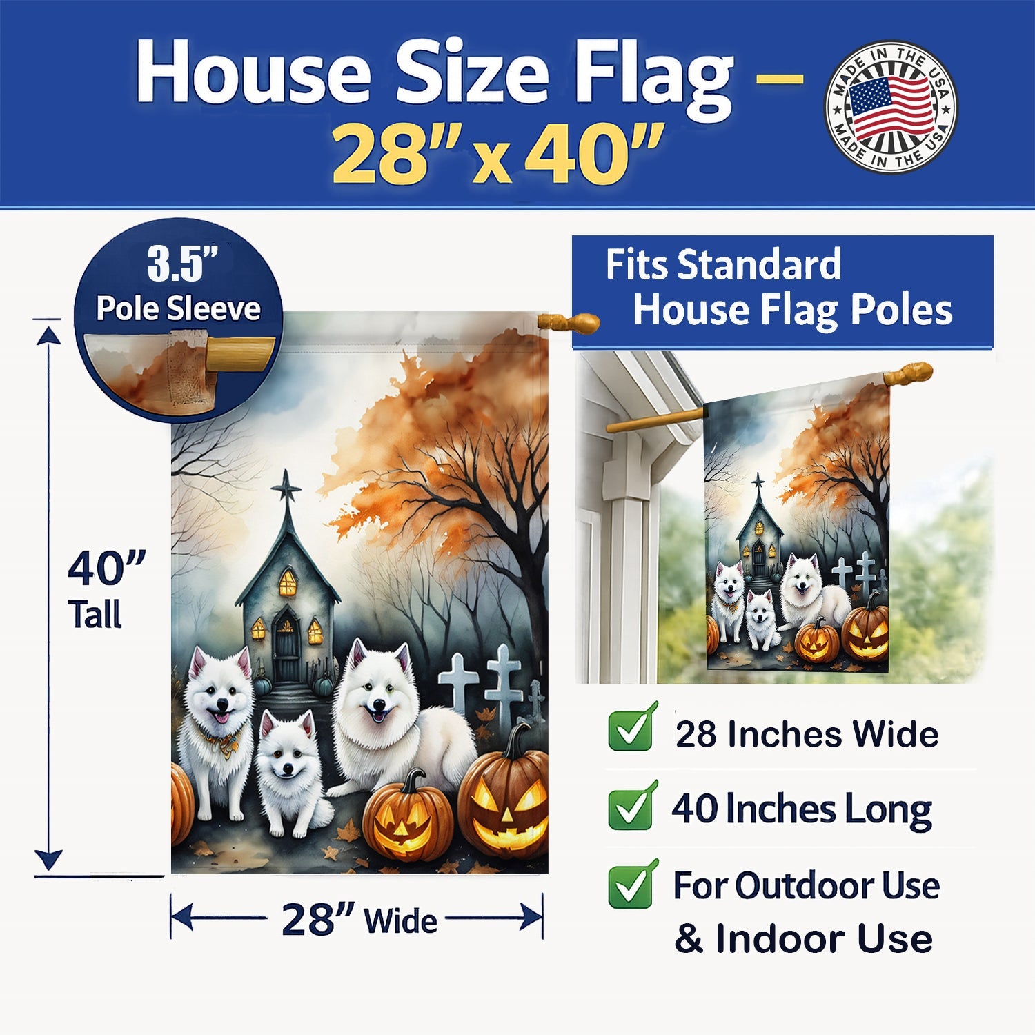 American Eskimo Spooky Halloween House Flag 28x40 Porch Sleeve Pole Decorative Outside Yard Banner Artwork Wall Hanging, Polyester