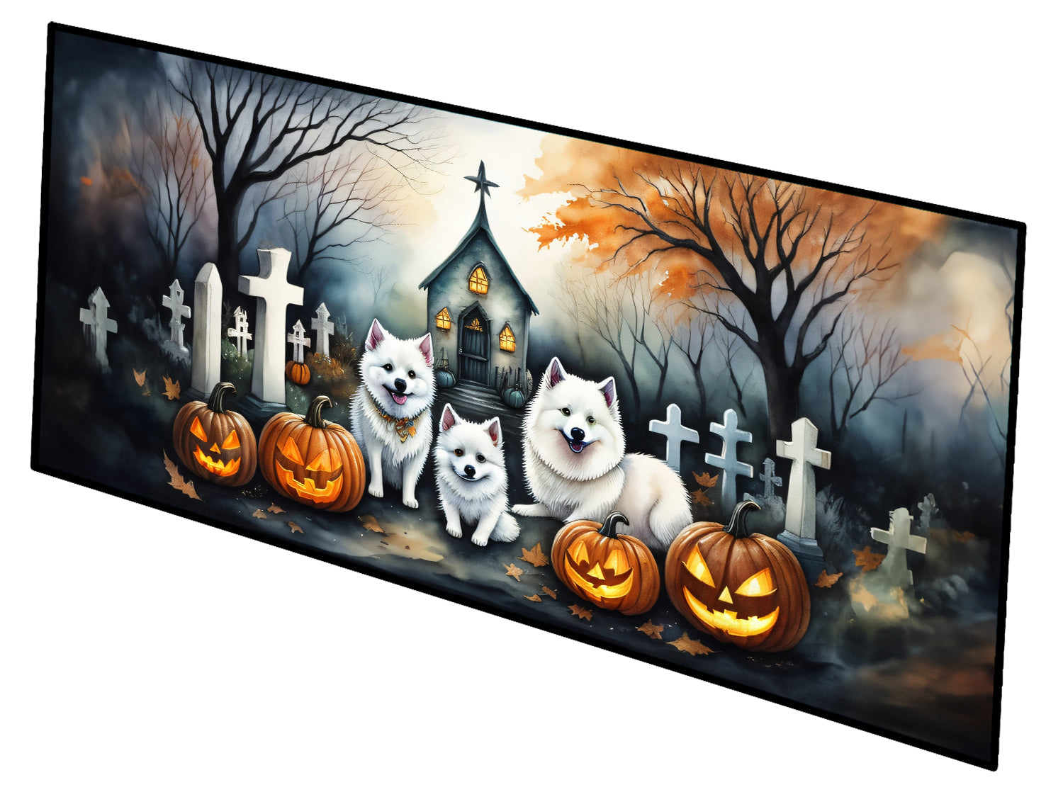 American Eskimo Spooky Halloween Runner Mat 28x58 Front Door Mat Indoor Outdoor Rugs for Entryway Hallway Foyer Non Slip Washable Wide Doormat