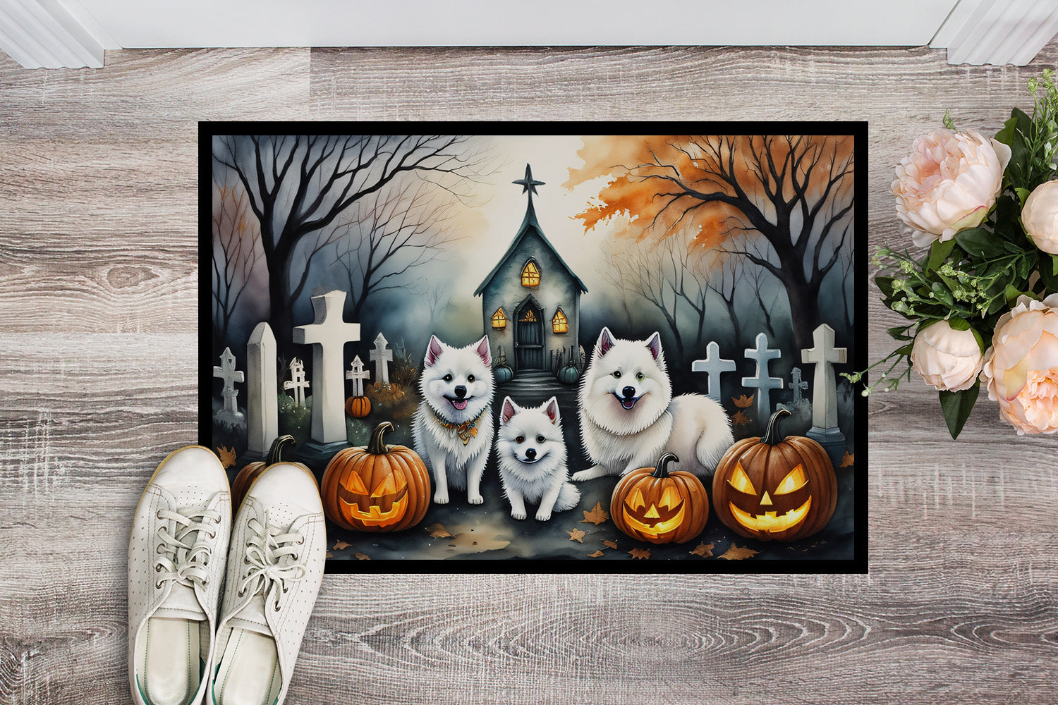 American Eskimo Spooky Halloween Doormat Indoor Outdoor 18H X 27W Front Door Mat Rugs for Entryway, Non Slip Washable
