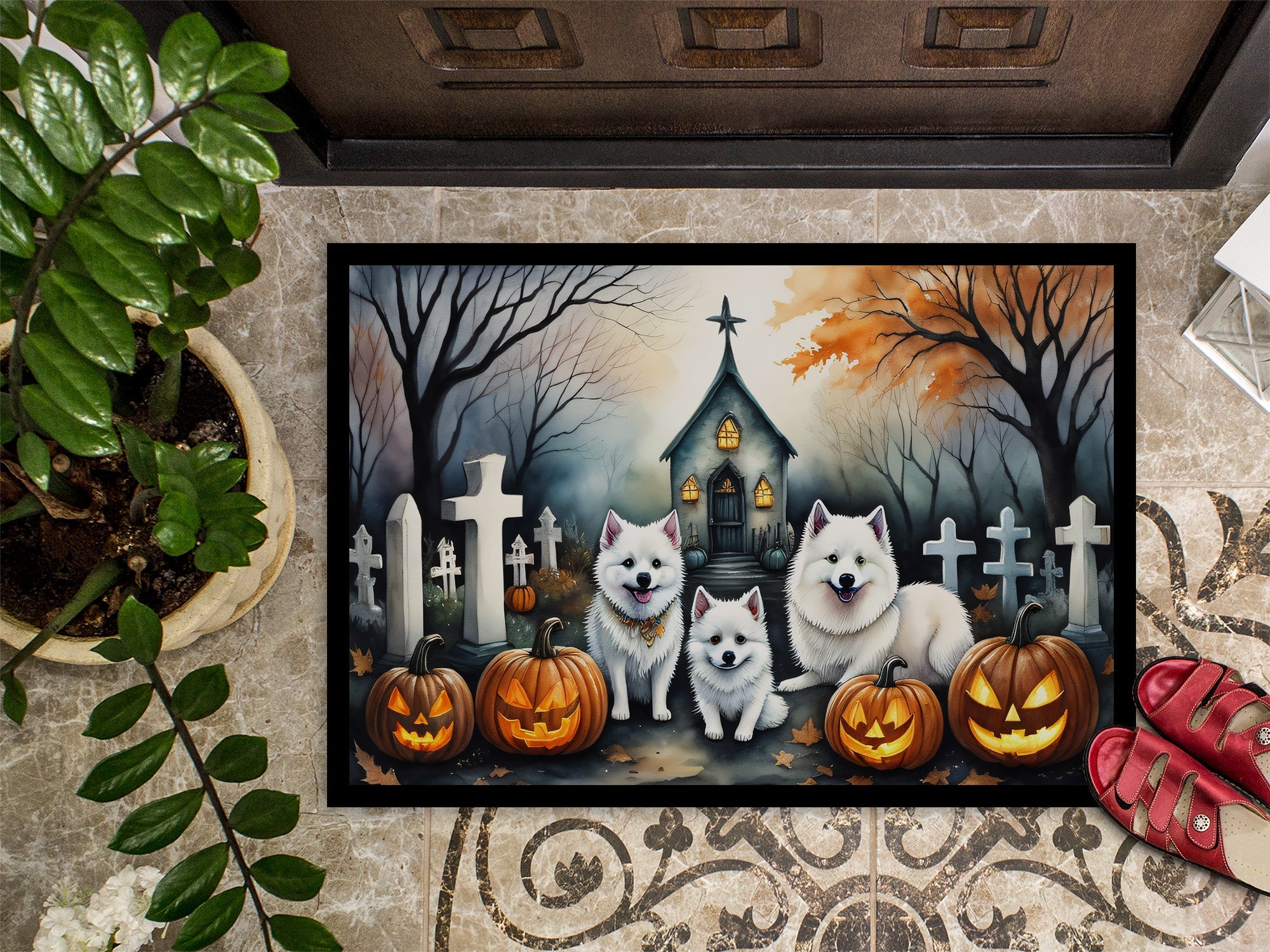 American Eskimo Spooky Halloween Doormat Indoor Outdoor 18H X 27W Front Door Mat Rugs for Entryway, Non Slip Washable