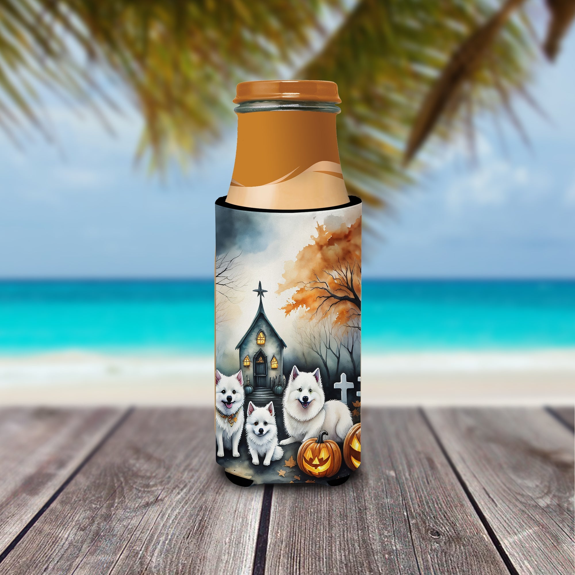 American Eskimo Spooky Halloween Slim Can Hugger , Insulated Foam Hugger for 12 oz Slim Cans, Beer Bottles & Water Bottles, Printed in USA