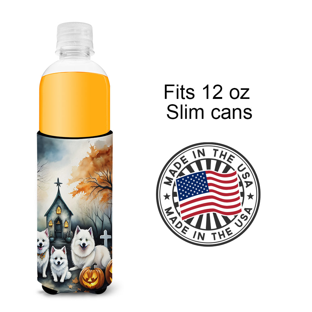 American Eskimo Spooky Halloween Slim Can Hugger , Insulated Foam Hugger for 12 oz Slim Cans, Beer Bottles & Water Bottles, Printed in USA