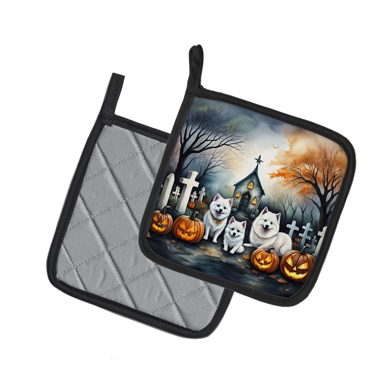 American Eskimo Spooky Halloween Pot Holder Set of 2 Heat Resistant Quilted Hot Pads 7.5 x 7.5 Inch, Insulated Kitchen Trivets for Cooking & Baking