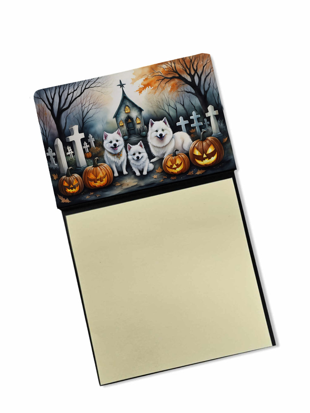 American Eskimo Spooky Halloween Watercolor Sticky Note Holder Refillable Dispenser Desk Accessory 3x3 Pad Gift