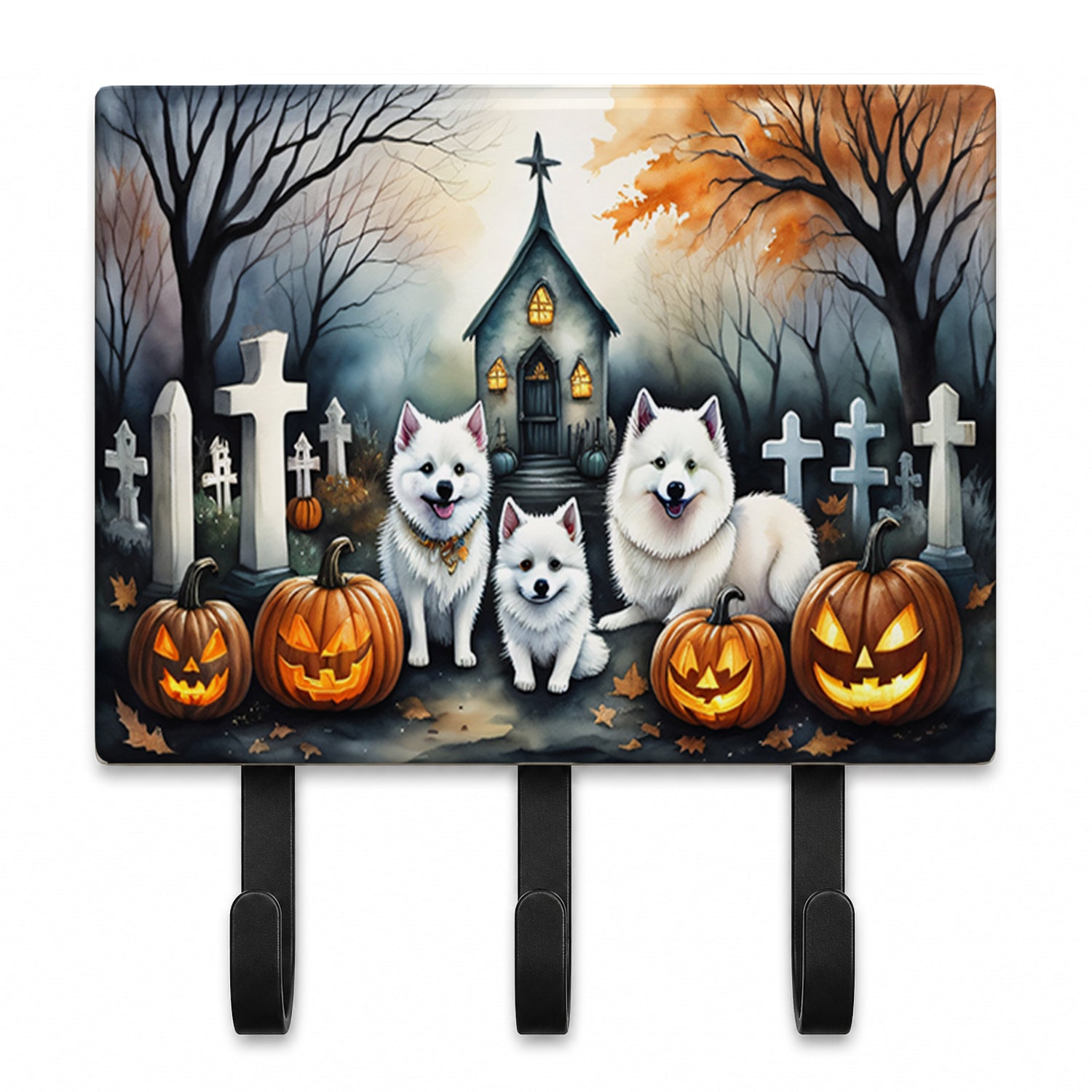 American Eskimo Spooky Halloween Leash or Key Holder Wall Hooks, Coat Rack Wall Mount, for Hanging Keys, Towels, Aprons, Leashes