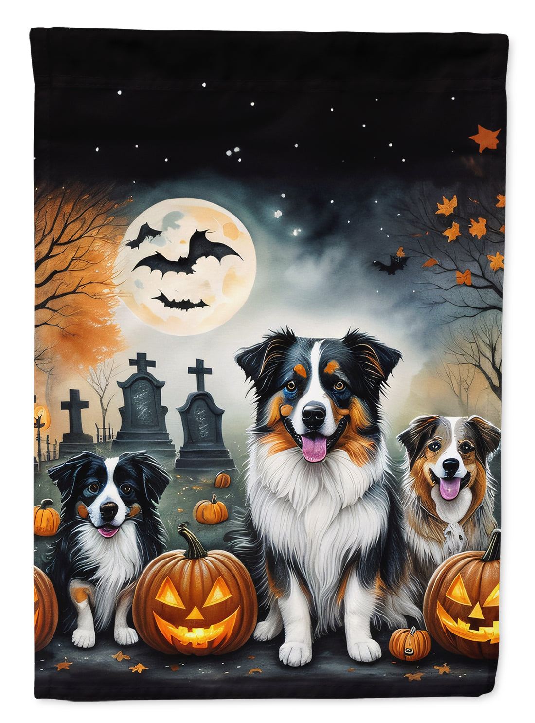 Australian Shepherd Spooky Halloween House Flag 28x40 Porch Sleeve Pole Decorative Outside Yard Banner Artwork Wall Hanging, Polyester