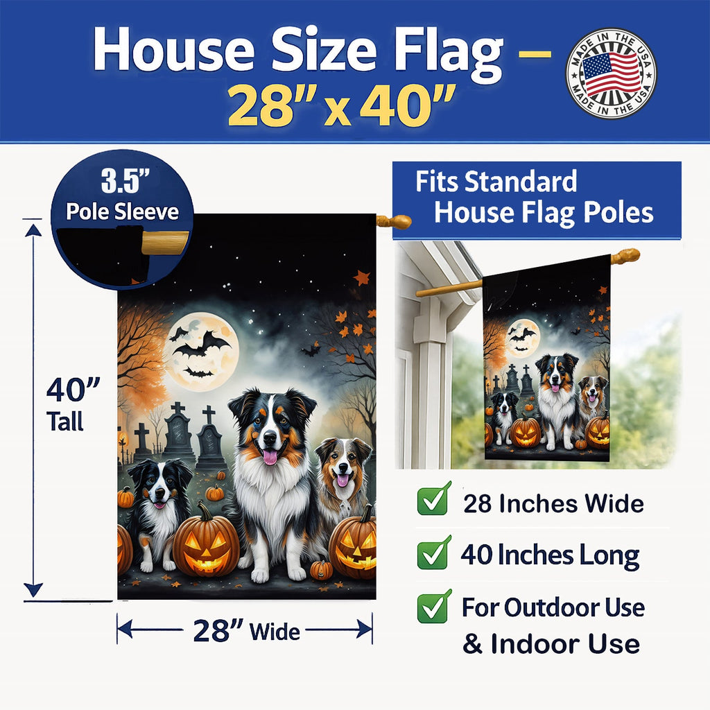 Australian Shepherd Spooky Halloween House Flag 28x40 Porch Sleeve Pole Decorative Outside Yard Banner Artwork Wall Hanging, Polyester