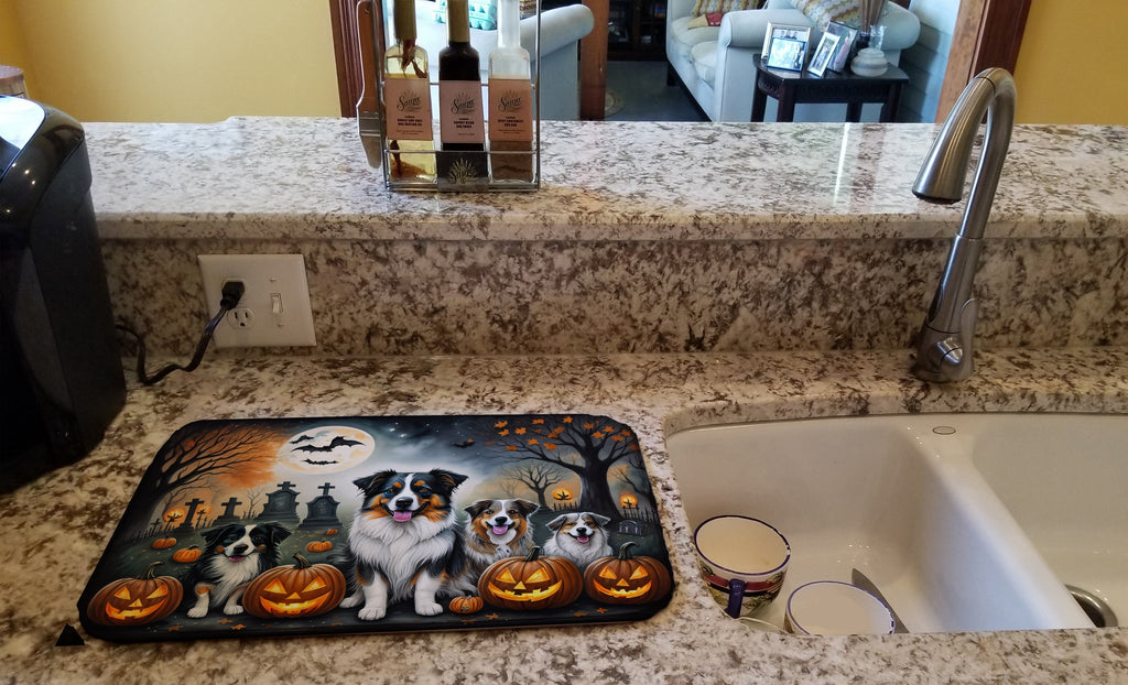 Australian Shepherd Spooky Halloween Dish Drying Mat Absorbent Dish Drying Mat Pad for Kitchen Counter Dish Drainer Mat for Countertop, 14 x 21", Multicolor