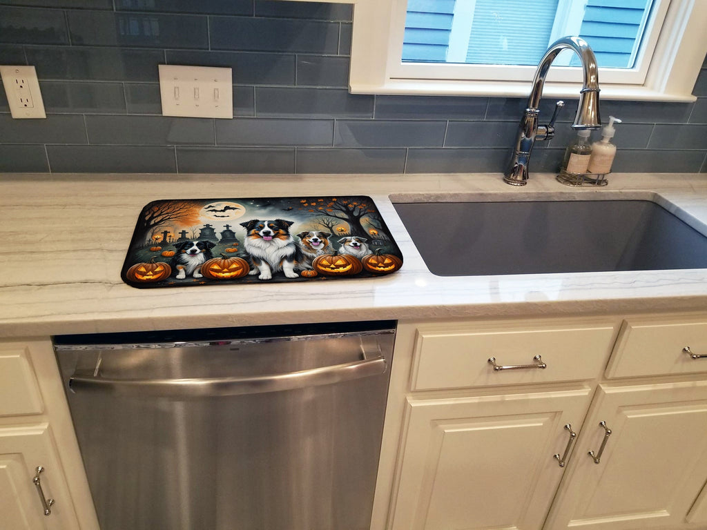 Australian Shepherd Spooky Halloween Dish Drying Mat Absorbent Dish Drying Mat Pad for Kitchen Counter Dish Drainer Mat for Countertop, 14 x 21", Multicolor